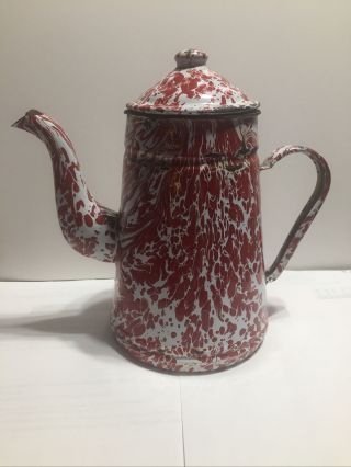 Vintage Granite Ware Enamel Tea Kettle Coffee Pot Red White Swirl Gooseneck