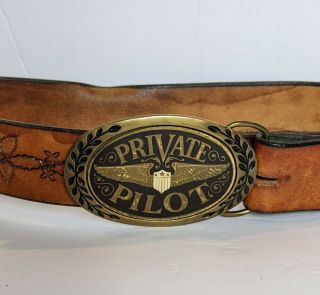 Vtg Solid Brass Belt Buckle Made By Heritage Buckles Leather Private Pilot 81 