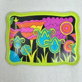 Vintage Mod Psychedelic Tin Tray Floral 60s Bright Neon Pop Art Litho Retro