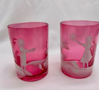 Vintage Mary Gregory Cranberry Glass Tumblers Set Of 2
