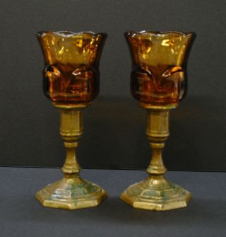 Vintage Amber Rose Goblets/candle Holders With Gold Cast Iron Base,  Set Of 2
