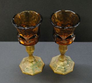 Vintage Amber Rose Goblets/Candle Holders with Gold Cast Iron Base,  Set of 2 2