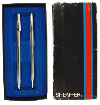 Vintage Sheaffer White Dot Silver Tone Ballpoint Pen & Pencil Box