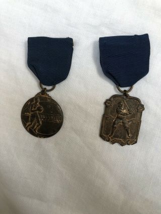 2 Vintage Baseball & Basketball Brass/ribbon Award Medal Pins Blue Ribbons