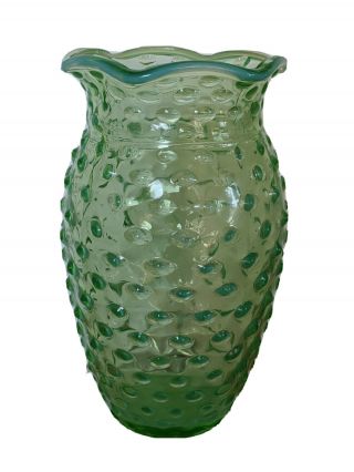 Vintage Green Hobnail Vase With White Opalescence Around The Top