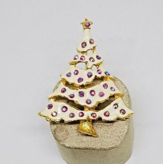 Vintage Estate Gold Tone Enamel Pink Ab Rhinestone Christmas Tree Pin Brooch