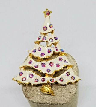 Vintage Estate Gold Tone Enamel Pink AB Rhinestone Christmas Tree Pin Brooch 2