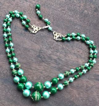 Vintage Double Strand Green & Gold Bead Necklace 18 Inches 1950 