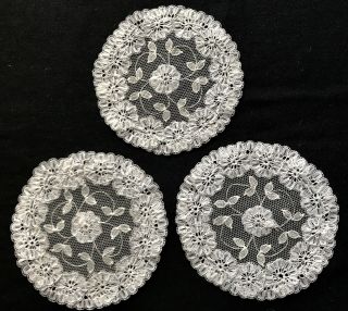 Three Vintage White Lace Tape Floral Embroidery On The Veil Doilies 4 1/2 "