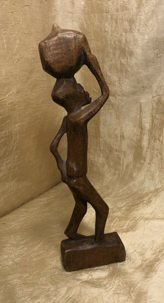 Vintage 11” African Folk Art Decor Hand Carved Wood Figure Man With Water Pot