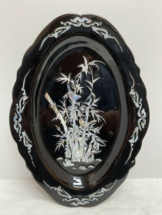 vintage Asian black lacquered mother of pearl Design wall plaque 2