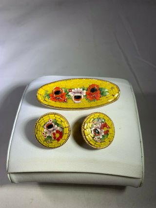 Vintage Italian Brooch And Earring Set With Yellow,  Red And Green Inlay Stone
