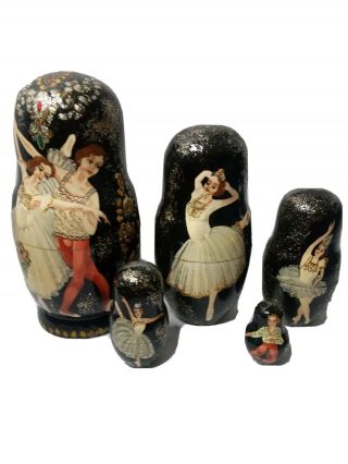 Vintage Nesting Dolls Russian Mockba Hand Painted Ballet Dancers Marked Set Of 5