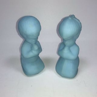 Vintage 70`s Fenton Blue Satin Milk Glass Praying Boy & Girl Figurines 3.  75”