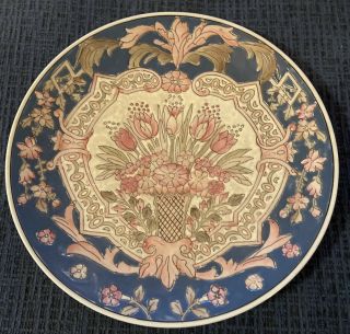 Vintage Macau Hand Painted Porcelain 10.  5 Inch Slate Blue Pink Flowered Plate
