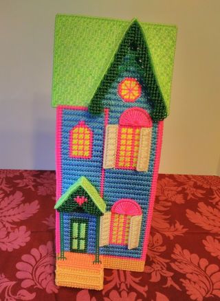 Vtg Plastic Canvas Yarn Needlepoint Craft 15 " House Attached To 5lb Brick