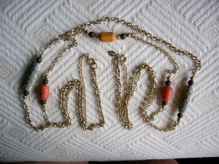 Vintage Sarah Coventry Bittersweet Gold Tone Necklace Carved Beads Amber - Gray