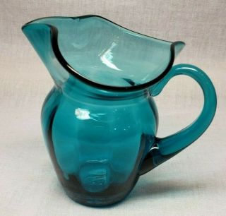 Vintage Mid - Century Modern Turquoise Aqua Blue Art Glass Blown Glass Pitcher