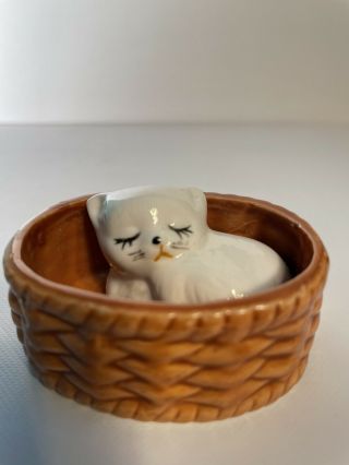 Vintage Miniature Ceramic White Cat Kitten In Basket Figurine 2 "
