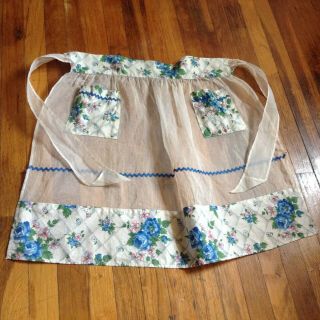 Vintage White And Pink And Blue Flowers Hostess Half Apron With Two Pockets.