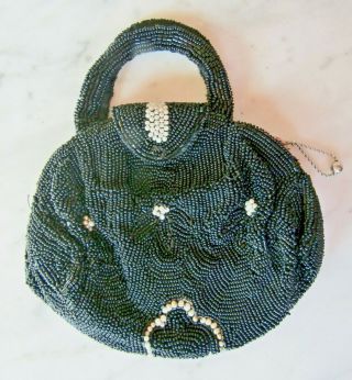 Vintage Small Black Beaded Purse Hand Made In Belgium