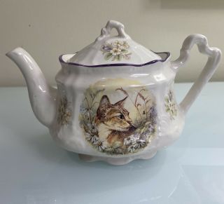 Vintage Staffordshire England Cat Teapot And Lid Flowers Arthur Wood & Son 6321