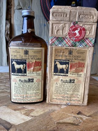 Vintage White Horse Cellar Scotch Whiskey Recipe Bottle Empty With Case