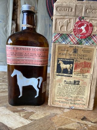 Vintage White Horse Cellar Scotch Whiskey Recipe Bottle Empty With Case 2