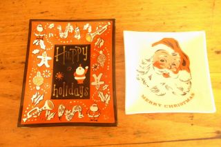 2 Vintage Mcm Houze Black White Glass Santa Gingerbread Xmas Dishes Trays - Retro