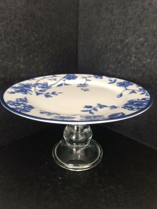 Vintage Porcelain White With Blue Flowers Cake Stand 8” Diameter 4,  5” Tall