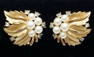 Vintage Crown Trifari Faux Pearl & Rhinestone Leaf Gold Tone Clip Earrings
