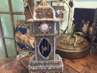 Vintage Stone Art Folk Art Hand Made Miniature Grandfather Style Clock