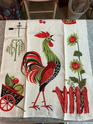 Vtg Rooster Chicken Fruit Cherries Farmhouse Linen Tea Towel 15.  5 X 26 Retro 50s