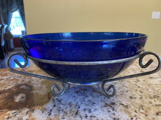 Vintage Cobalt Blue Large Fruit Or Serving Bowl - With Holder 10 Inch Across
