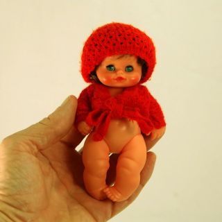Vintage Mini Furga Baby Brunette W/ Blue Eyes Doll W/ Red Sweater & Hat 5 1/2 "