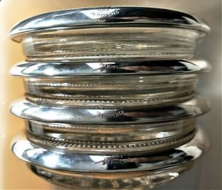 Set Of 4 Vintage Glass Coasters With Silver Plate Rims Made In Italy By Leonard