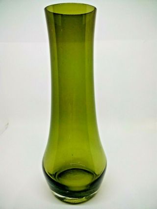 Vtg Mid - Century Modern Olive Green Hand Blown 10 " Tall Round Glass Vase Art Glass
