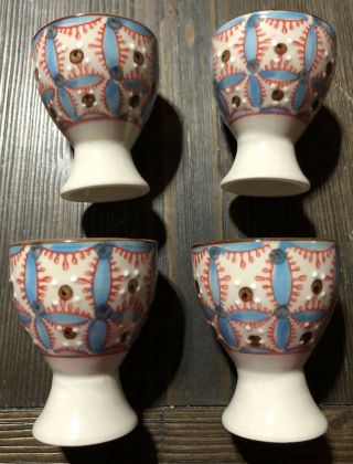 4 Pc Ceramic Soft Hard Boiled Egg Cup Holder Stand Set Serving Vintage Red Blue