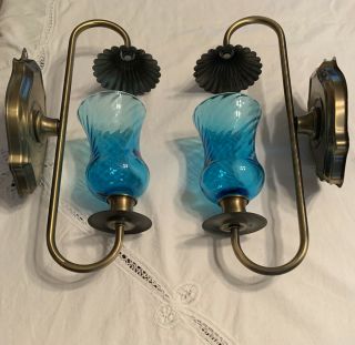 Pair Vintage Homco Brass Metal Wall Sconces Candle Holders With Blue Votive