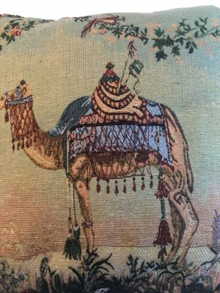 Vintage Needle Point Tapestry Throw Pillow,  Gold Rope Trim,  Camel On Both Sides