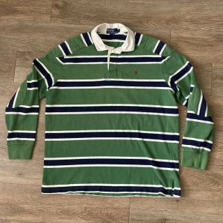 Vintage 90s Polo Ralph Lauren Striped Rugby Shirt Green Large