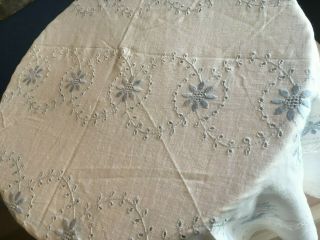 Vintage Round Tablecloth Floral French Country Lace Needlepoint Blues 60 "