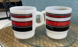 Vtg.  Anchor Hocking Fire King Red/black Striped Milk Glass Coffee Mugs Set Of 2