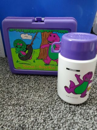 Vintage 1992 Barney And Baby Bop Plastic Lunch Box Purple W Thermos