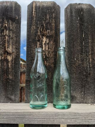 2 Vintage Lime Cola Beverages Soda Bottle 7 Oz Heavy Aqua Glass 1947 1960
