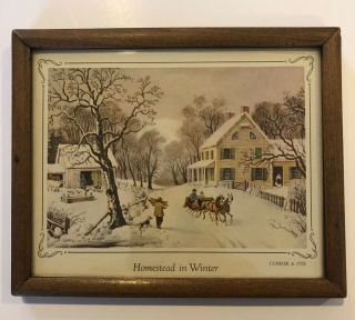 Vintage Currier And Ives Homestead In Winter Framed Print Horse Sleigh 61/2x51/2