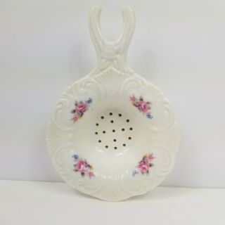 Vintage Porcelain Tea Strainer Floral Rose Pink Purple Cottage Ware
