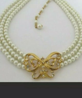 Vtg 80s 3 - Strand Pearl Collar Gold Butterfly Choker 18 " Necklace Nina Ricci Avon