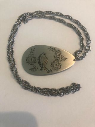 Vintage Pewter Dove Pendant Necklace Heritage Tm Etched Bird 70’s