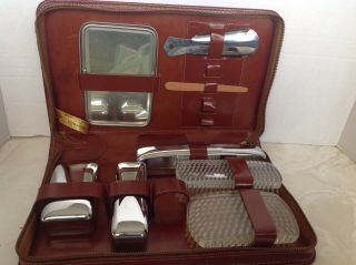 Brown Vintage Mens Vanity Travel Toiletry Grooming Set Kit W/ Leather Case